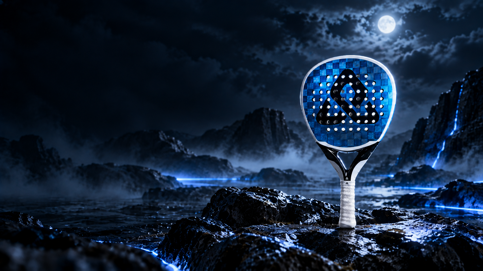 Neuron Padel racket in a moonlit mountain landscape